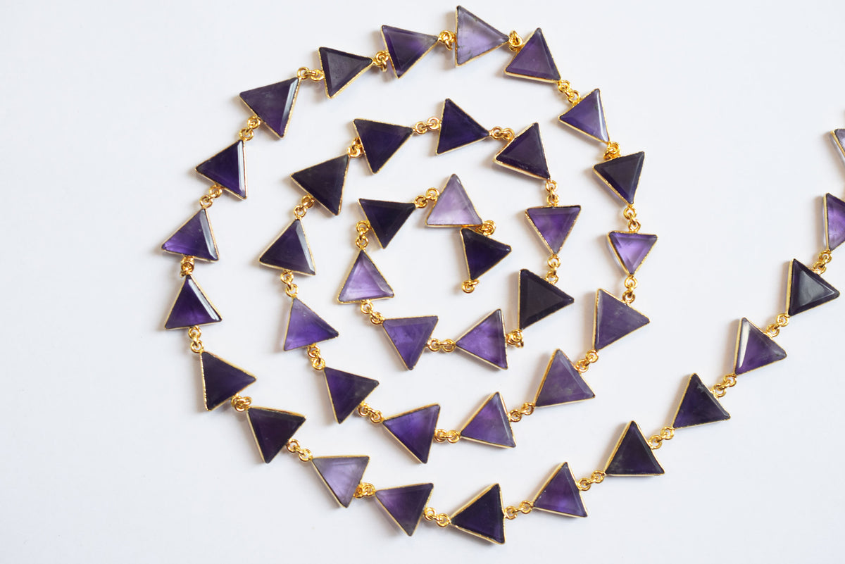 Natural Purple Amethyst Quartz 13-14mm Triangle Shape Bezel Link Connector Chain  , Sold By foot, 34096