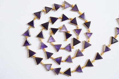 Natural Purple Amethyst Quartz 13-14mm Triangle Shape Bezel Link Connector Chain  , Sold By foot, 34096
