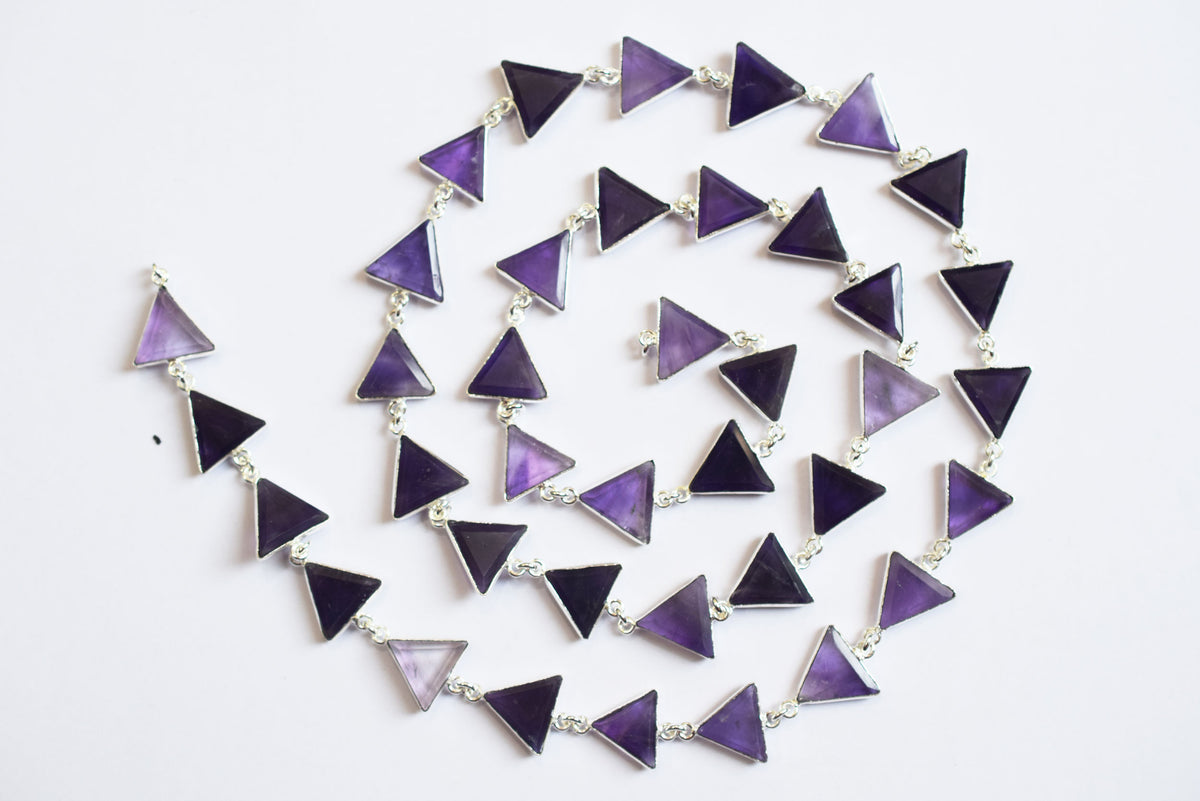 Natural Purple Amethyst Quartz 13-14mm Triangle Shape Bezel Link Connector Chain  , Sold By foot, 34096