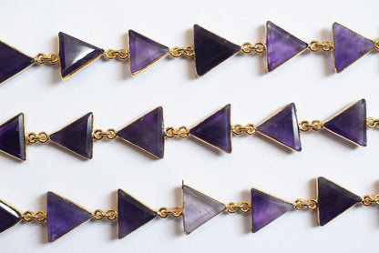 Natural Purple Amethyst Quartz 13-14mm Triangle Shape Bezel Link Connector Chain  , Sold By foot, 34096