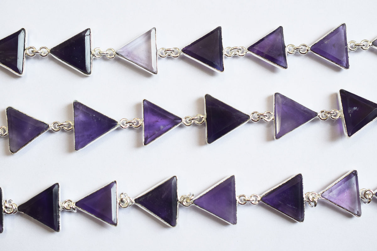 Natural Purple Amethyst Quartz 13-14mm Triangle Shape Bezel Link Connector Chain  , Sold By foot, 34096