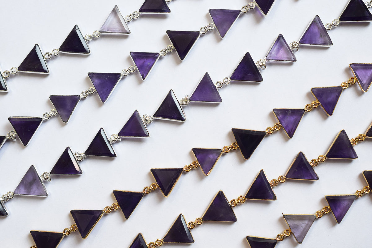 Natural Purple Amethyst Quartz 13-14mm Triangle Shape Bezel Link Connector Chain  , Sold By foot, 34096