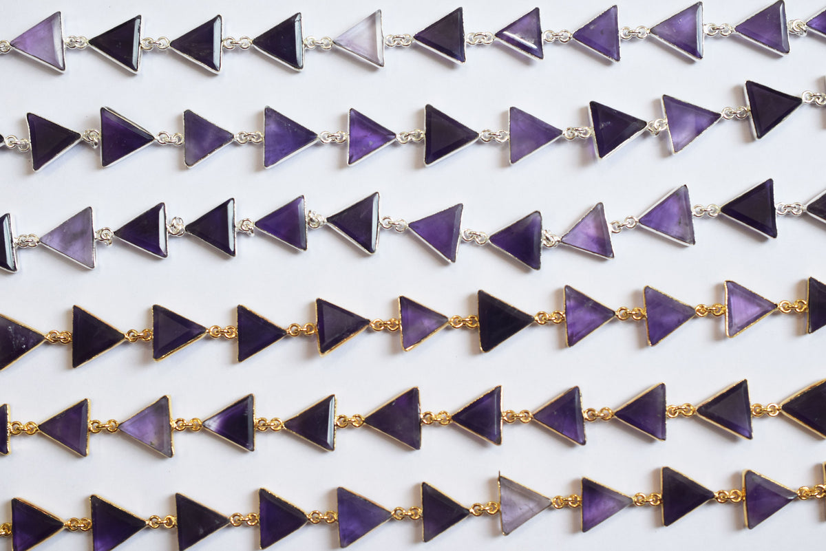 Natural Purple Amethyst Quartz 13-14mm Triangle Shape Bezel Link Connector Chain  , Sold By foot, 34096