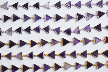 Natural Purple Amethyst Quartz 13-14mm Triangle Shape Bezel Link Connector Chain  , Sold By foot, 34096