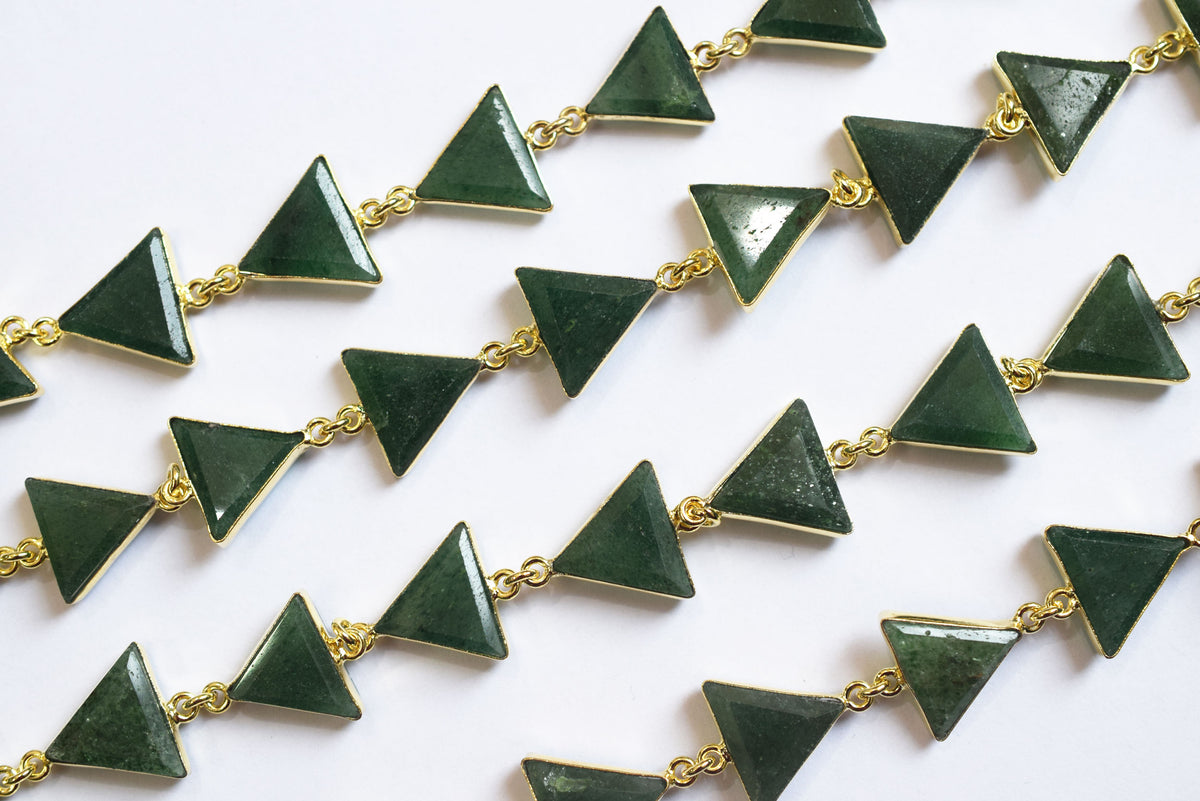 Natural Green Strawberry Quartz 13-14mm Triangle Shape Bezel Link Connector Chain, Sold By foot, 34097