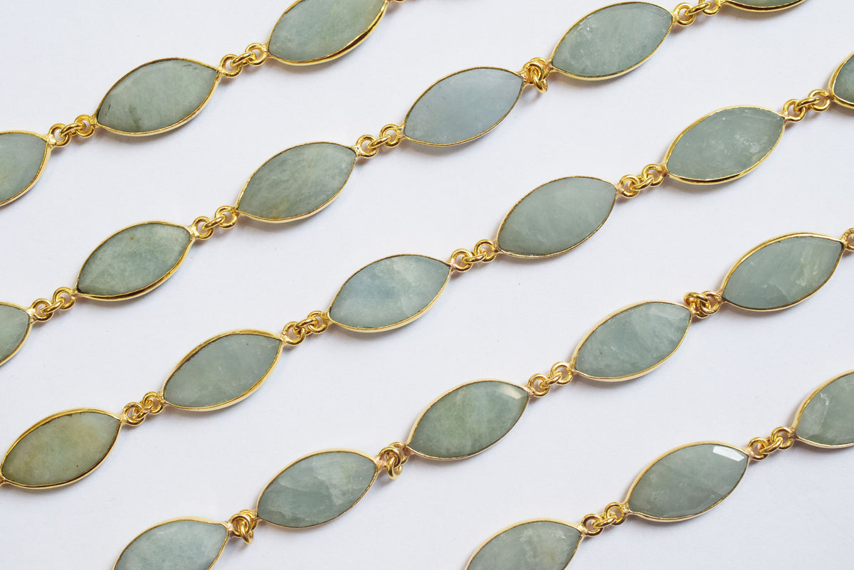 Milky Aquamarine Marquise Shape Evil Eye Faceted Connector Chain , Sold By Foot , 9x17 - 9x18 mm , 34099