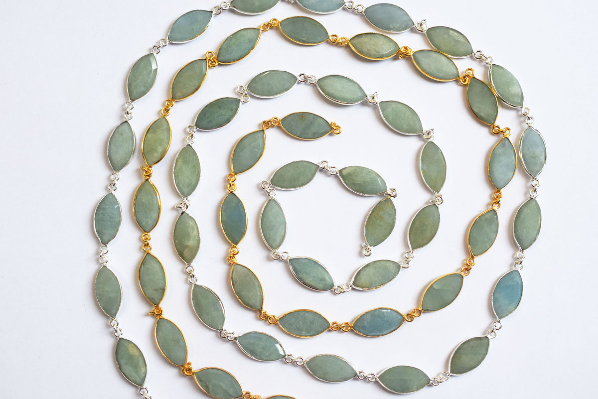 Milky Aquamarine Marquise Shape Evil Eye Faceted Connector Chain , Sold By Foot , 9x17 - 9x18 mm , 34099