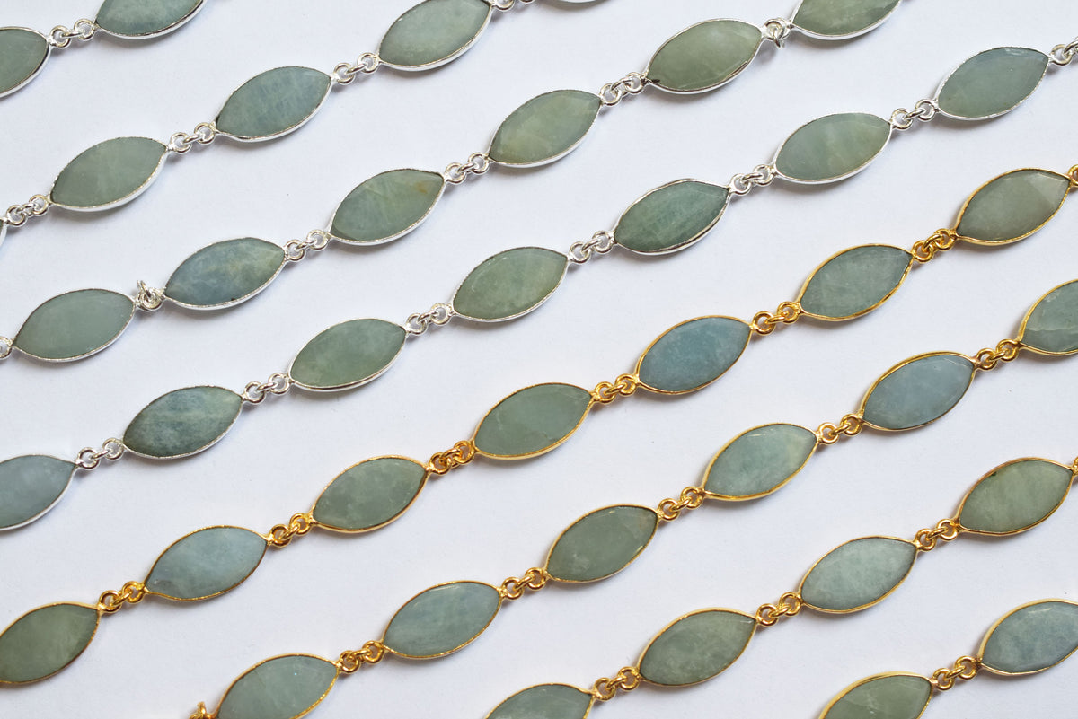 Milky Aquamarine Marquise Shape Evil Eye Faceted Connector Chain , Sold By Foot , 9x17 - 9x18 mm , 34099