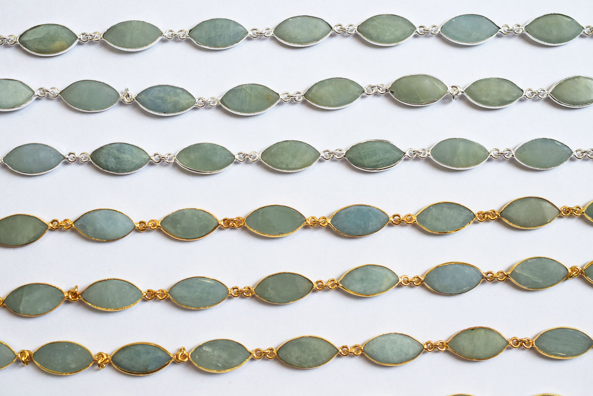 Milky Aquamarine Marquise Shape Evil Eye Faceted Connector Chain , Sold By Foot , 9x17 - 9x18 mm , 34099