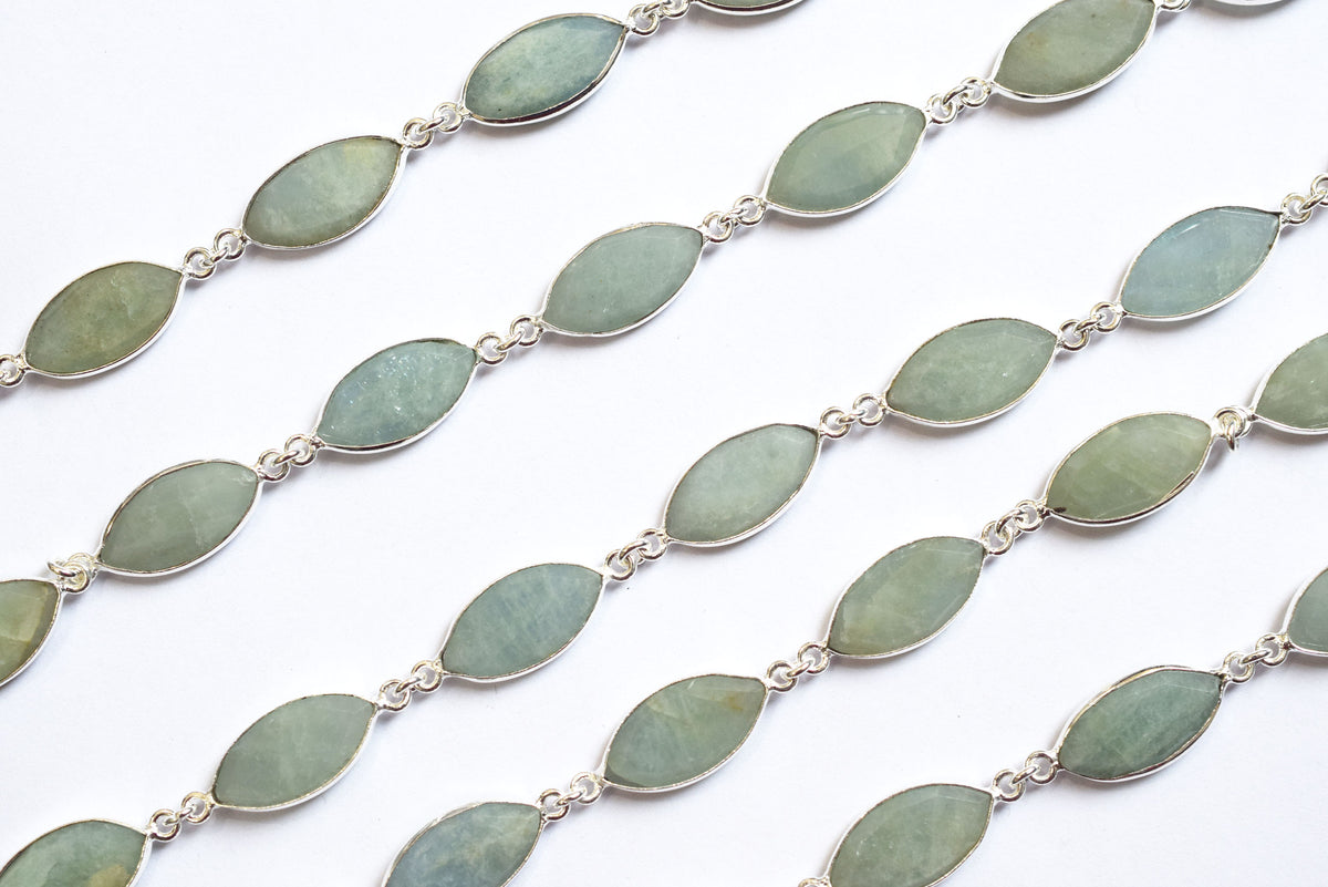 Milky Aquamarine Marquise Shape Evil Eye Faceted Connector Chain , Sold By Foot , 9x17 - 9x18 mm , 34099
