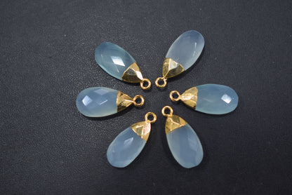 Aqua Chalcedony Pear Faceted Electroplated small charm ,Single Bail ,Sold By Piece, 19-20 mm - 34100