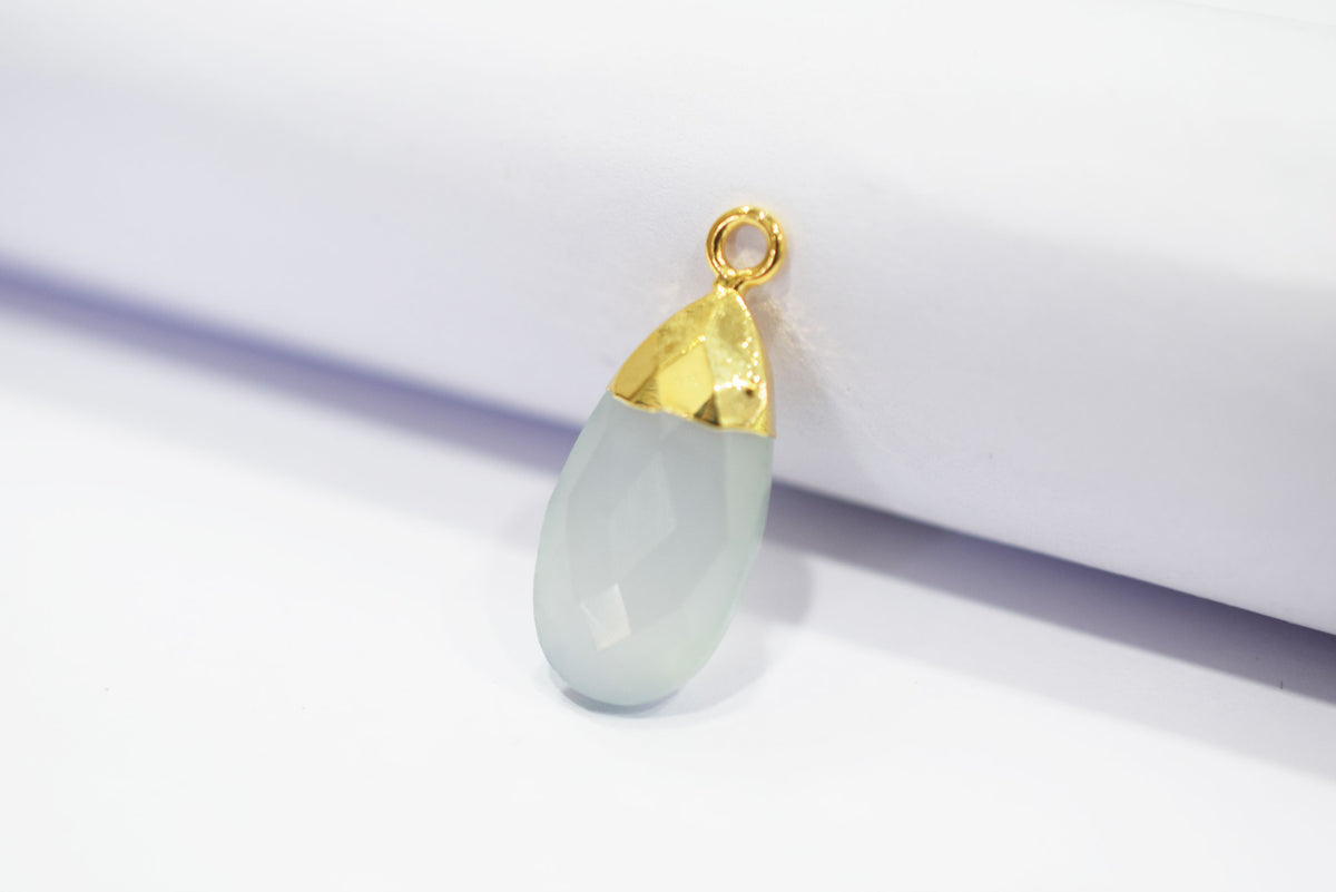 Aqua Chalcedony Pear Faceted Electroplated small charm ,Single Bail ,Sold By Piece, 19-20 mm - 34100