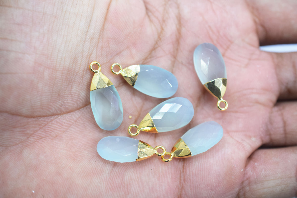 Aqua Chalcedony Pear Faceted Electroplated small charm ,Single Bail ,Sold By Piece, 19-20 mm - 34100