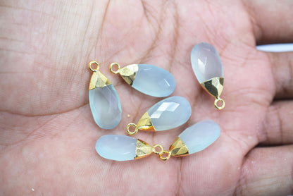Aqua Chalcedony Pear Faceted Electroplated small charm ,Single Bail ,Sold By Piece, 19-20 mm - 34100