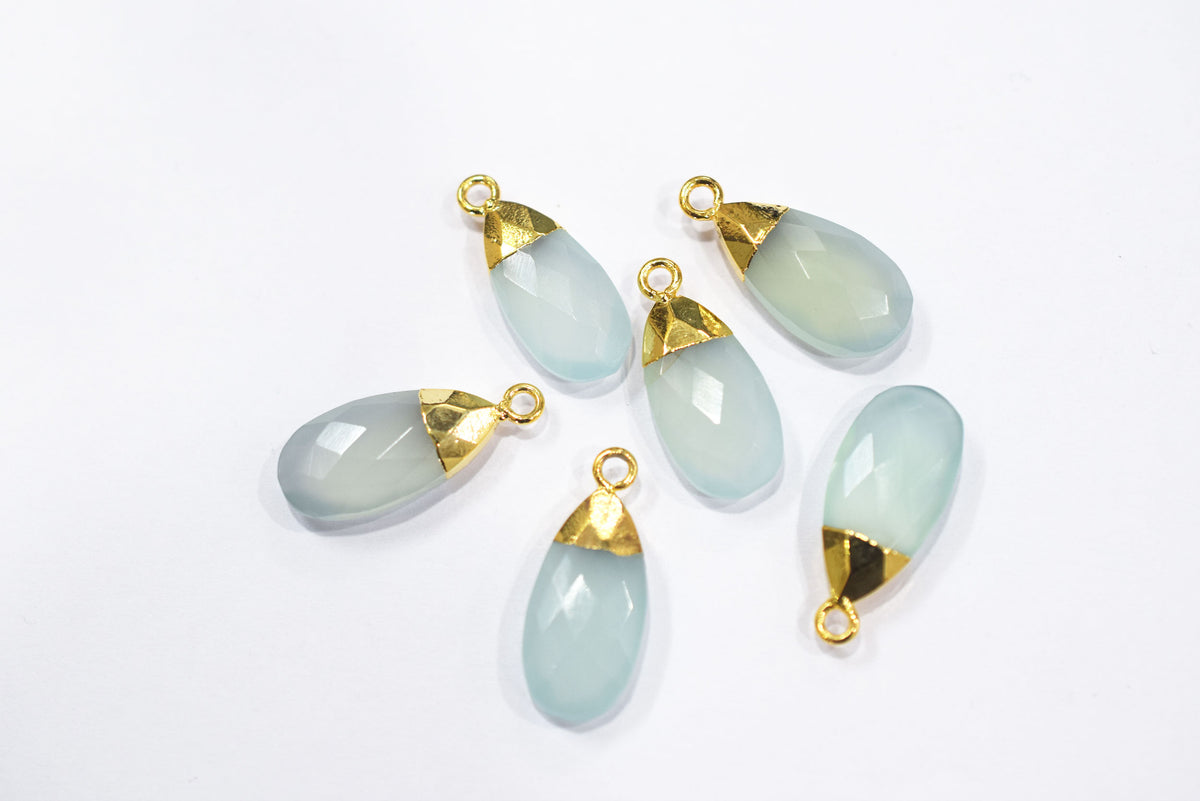 Aqua Chalcedony Pear Faceted Electroplated small charm ,Single Bail ,Sold By Piece, 19-20 mm - 34100