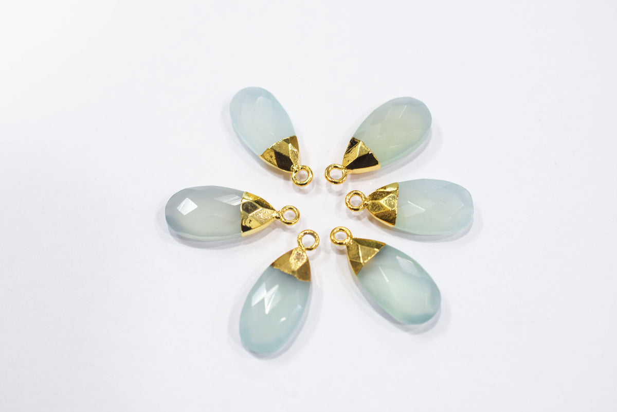 Aqua Chalcedony Pear Faceted Electroplated small charm ,Single Bail ,Sold By Piece, 19-20 mm - 34100