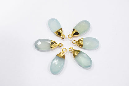 Aqua Chalcedony Pear Faceted Electroplated small charm ,Single Bail ,Sold By Piece, 19-20 mm - 34100