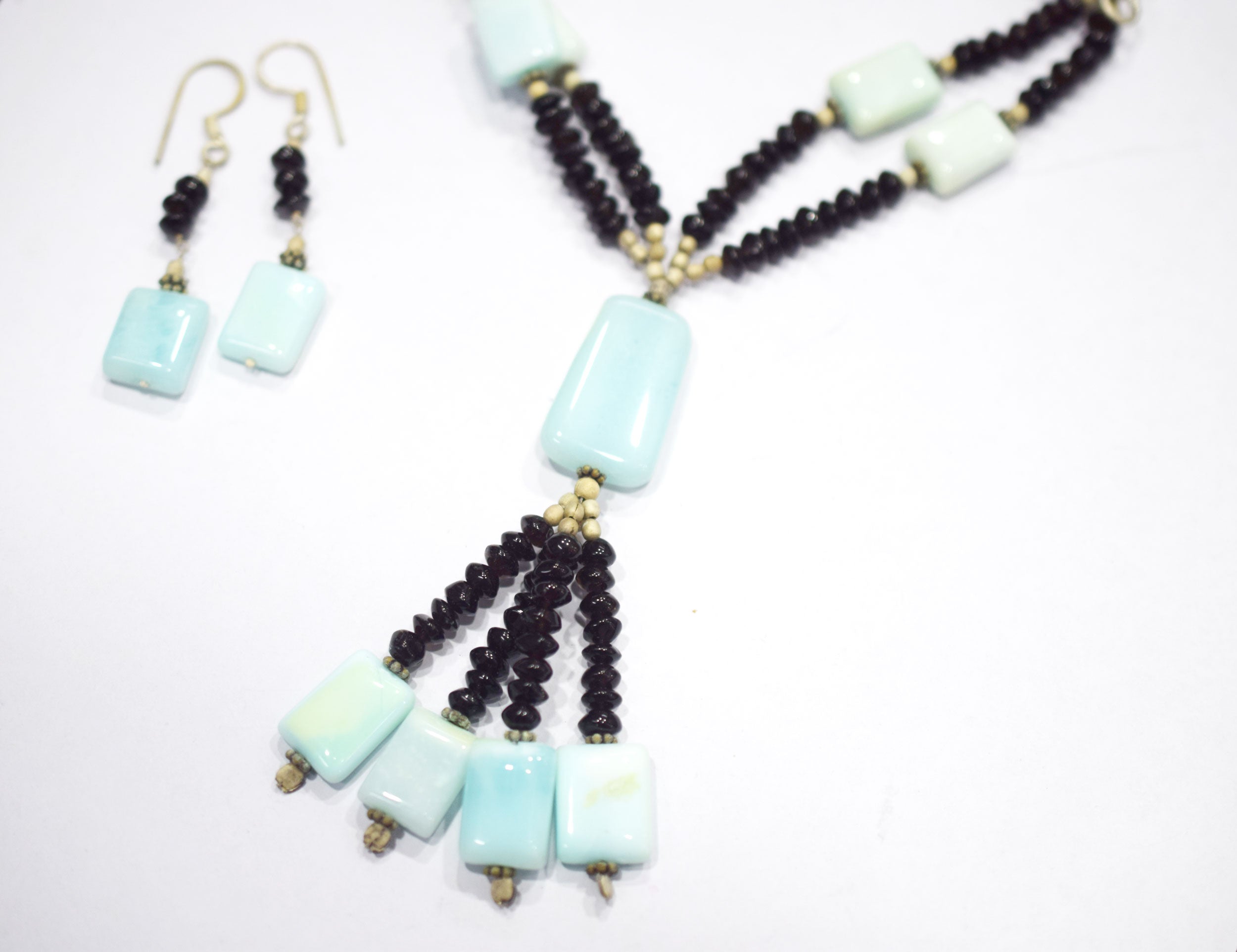 Natural Blue Opal And Black Smoky Necklace Set, Handmade Multi Strand Beaded Statement Jewelry, Boho Tassel Necklace Earring Set Gift For Her, BL-4598