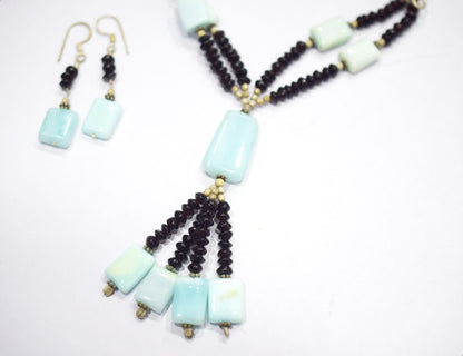 Natural Amazonite Black Onyx Necklace Set, Handmade Multi Strand Beaded Statement Jewelry, Boho Tassel Necklace Earring Set Gift For Her, BL-4598