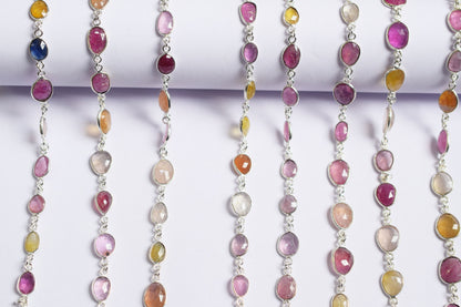 Multi Sapphire Free Form Shape Connector Chain , Multi Sapphire Faceted Slice Shape Bezel Link Chain ,  15.5 - 18.5 mm ,60001