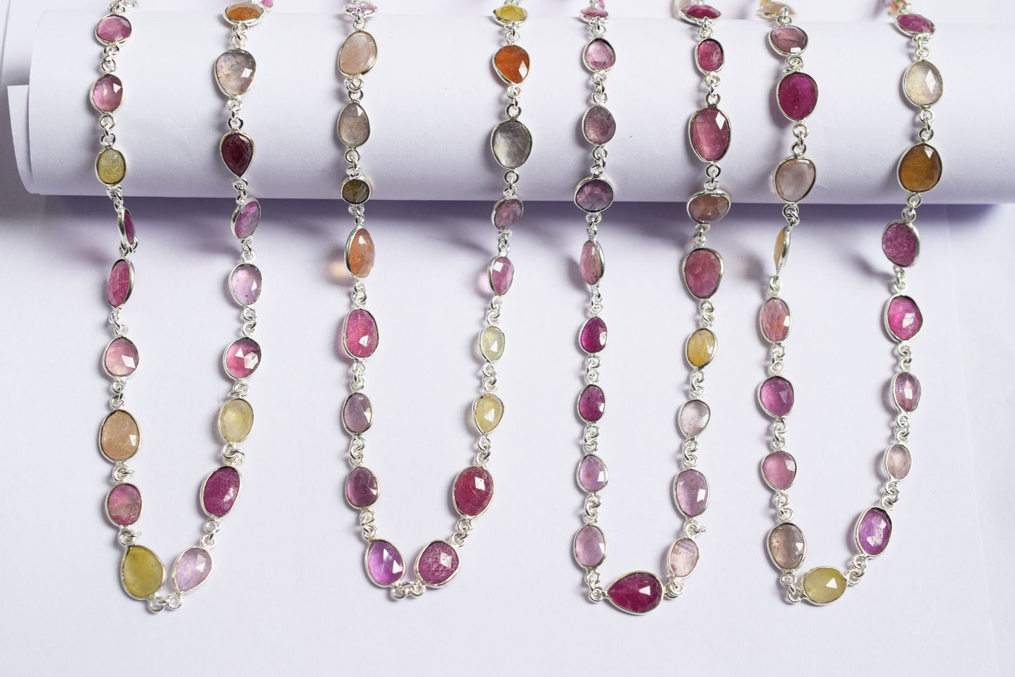 Multi Sapphire Free Form Shape Connector Chain , Multi Sapphire Faceted Slice Shape Bezel Link Chain ,  15.5 - 18.5 mm ,60001