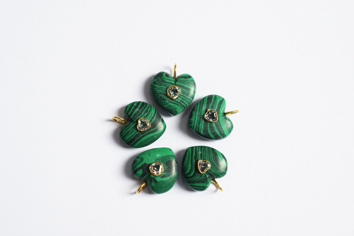 Malachite Smooth Heart CZ Heart Inlay Charm, Real Gemstone Heart , Sold By Piece , 18 - 19 mm , 60004