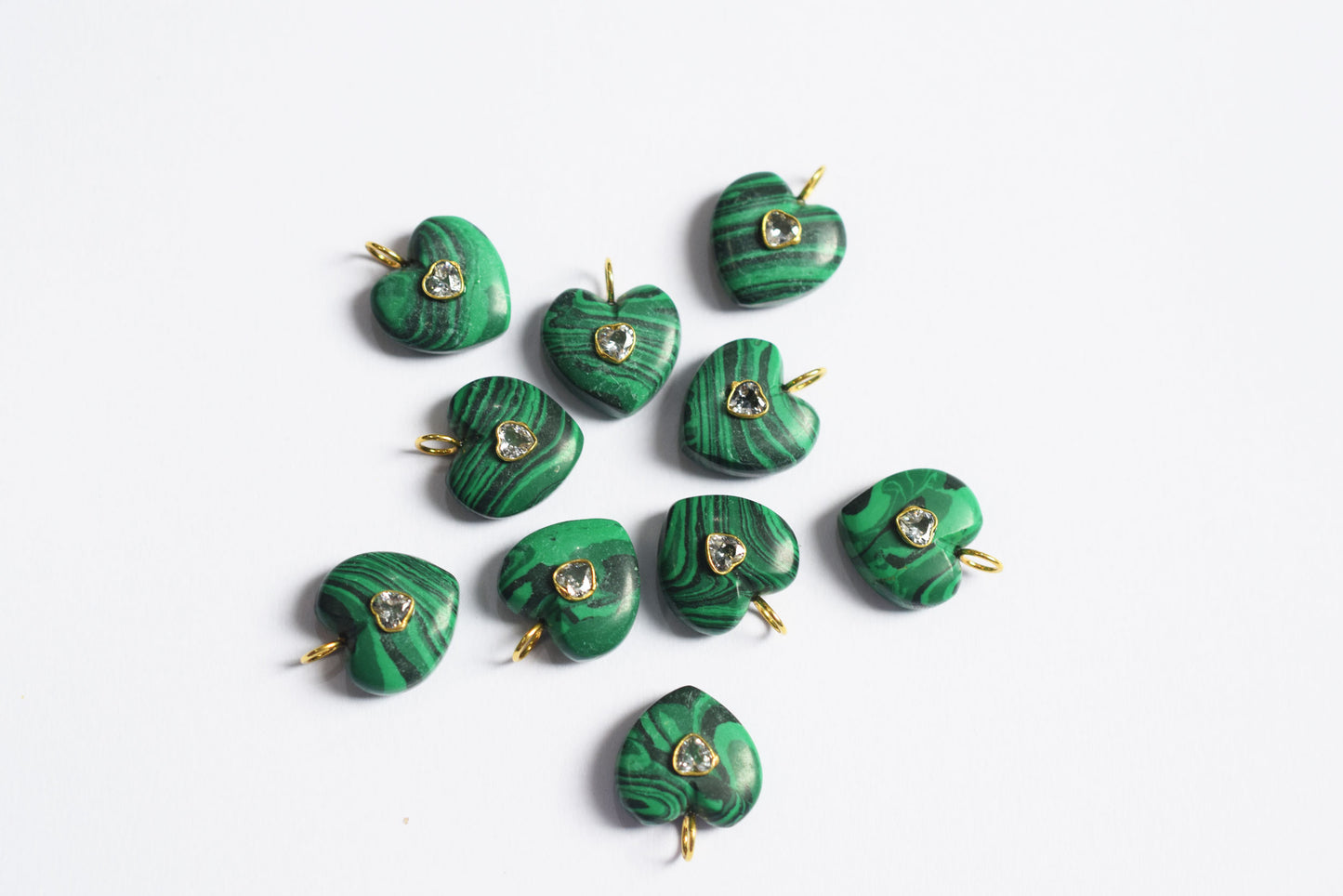 Malachite Smooth Heart CZ Heart Inlay Charm, Real Gemstone Heart , Sold By Piece , 18 - 19 mm , 60004
