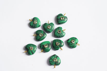 Malachite Smooth Heart CZ Heart Inlay Charm, Real Gemstone Heart , Sold By Piece , 18 - 19 mm , 60004