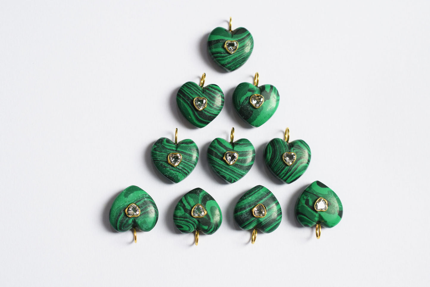 Malachite Smooth Heart CZ Heart Inlay Charm, Real Gemstone Heart , Sold By Piece , 18 - 19 mm , 60004