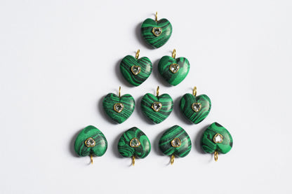 Malachite Smooth Heart CZ Heart Inlay Charm, Real Gemstone Heart , Sold By Piece , 18 - 19 mm , 60004
