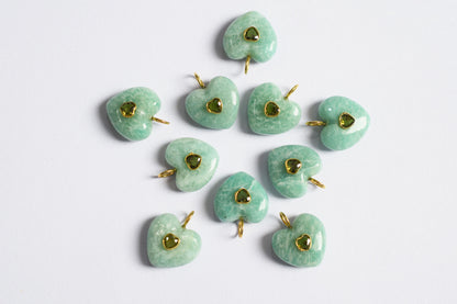 Amazonite Heart CZ Peridot Heart Inlay Charm, Real Gemstone Heart , Sold By Piece , 18 - 19 mm , 60005
