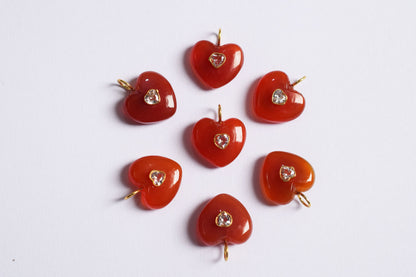 Natural Carnelian Heart CZ Heart Inlay Charm, Real Gemstone Heart , Sold By Piece , 18 - 19 mm , 60007