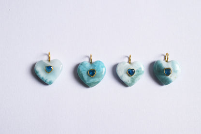Natural Larimar Heart CZ Heart Inlay Charm, Real Gemstone Heart , Sold By Piece , 18 - 19 mm , 60008