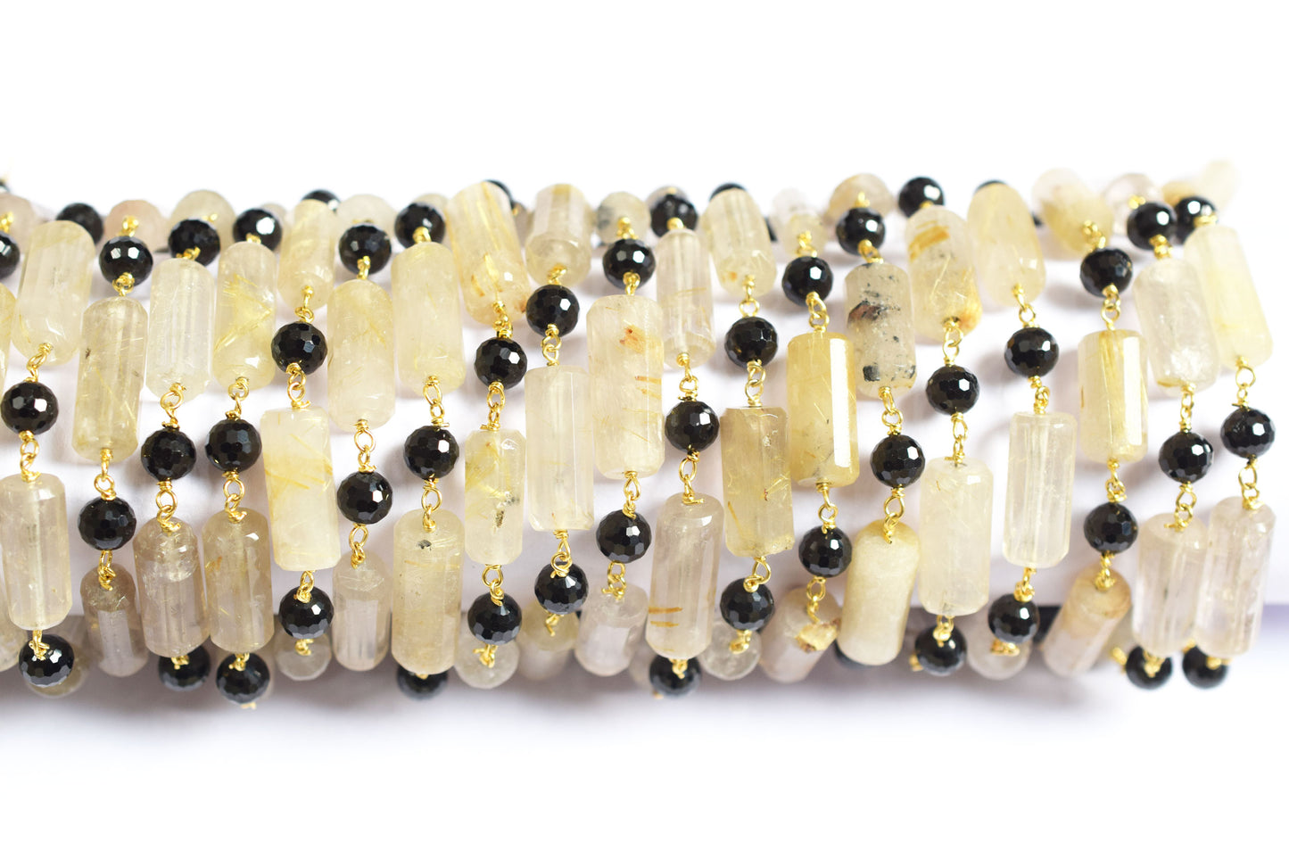 Natural Golden Rutile and Black Spinel Pillar Cut Gemstone Chain, Sold by Foot, 19 - 22 mm, 60010