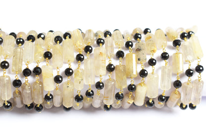Natural Golden Rutile and Black Spinel Pillar Cut Gemstone Chain, Sold by Foot, 19 - 22 mm, 60010