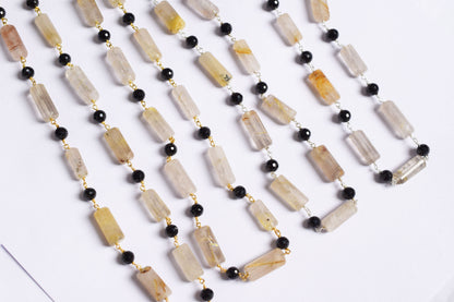 Natural Golden Rutile and Black Spinel Pillar Cut Gemstone Chain, Sold by Foot, 19 - 22 mm, 60010