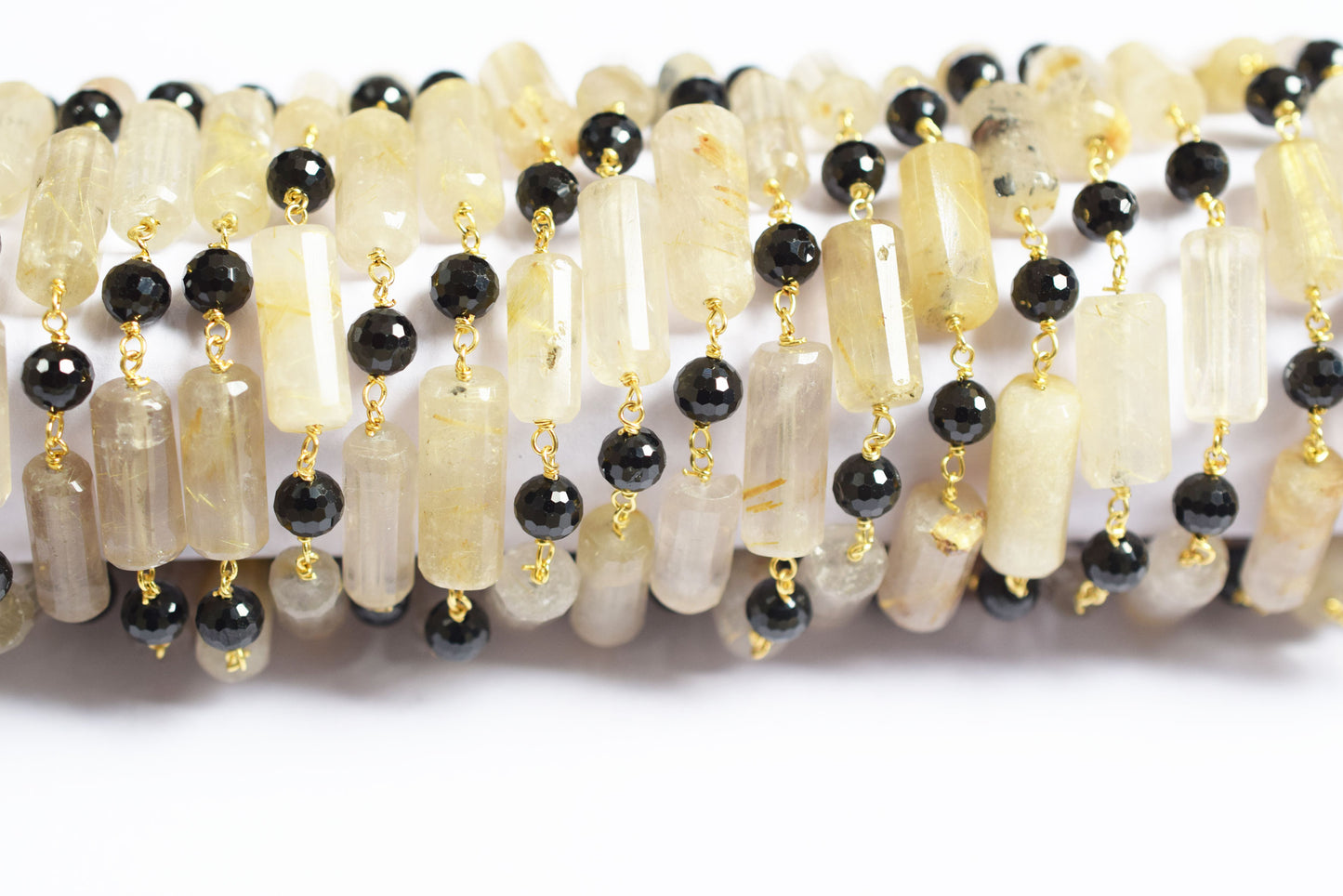 Natural Golden Rutile and Black Spinel Pillar Cut Gemstone Chain, Sold by Foot, 19 - 22 mm, 60010