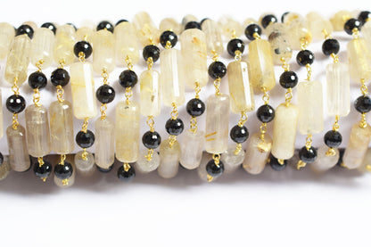 Natural Golden Rutile and Black Spinel Pillar Cut Gemstone Chain, Sold by Foot, 19 - 22 mm, 60010