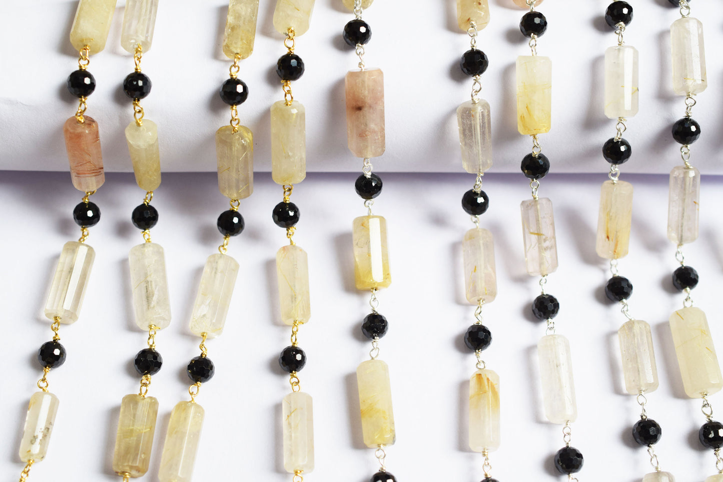 Natural Golden Rutile and Black Spinel Pillar Cut Gemstone Chain, Sold by Foot, 19 - 22 mm, 60010