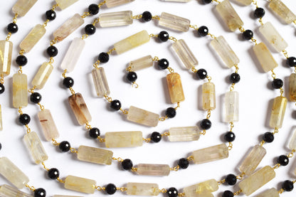 Natural Golden Rutile and Black Spinel Pillar Cut Gemstone Chain, Sold by Foot, 19 - 22 mm, 60010
