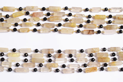 Natural Golden Rutile and Black Spinel Pillar Cut Gemstone Chain, Sold by Foot, 19 - 22 mm, 60010