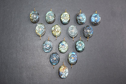 Natural Flashy Labradorite Oval Mughal Carved Shaped Inlay Charm Connector, Sold By Piece , 17x21 mm , 60012