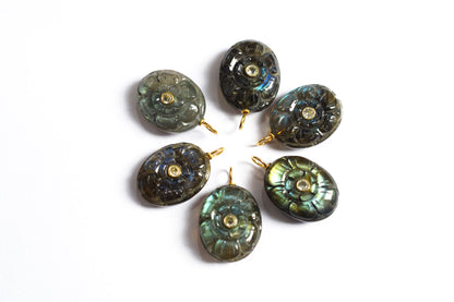 Natural Flashy Labradorite Oval Mughal Carved Shaped Inlay Charm Connector, Sold By Piece , 17x21 mm , 60012