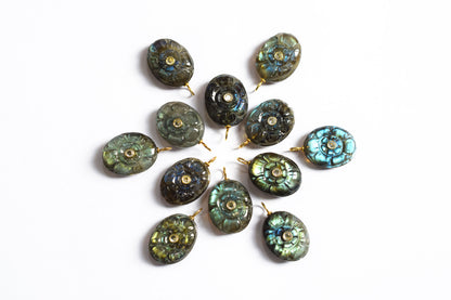 Natural Flashy Labradorite Oval Mughal Carved Shaped Inlay Charm Connector, Sold By Piece , 17x21 mm , 60012