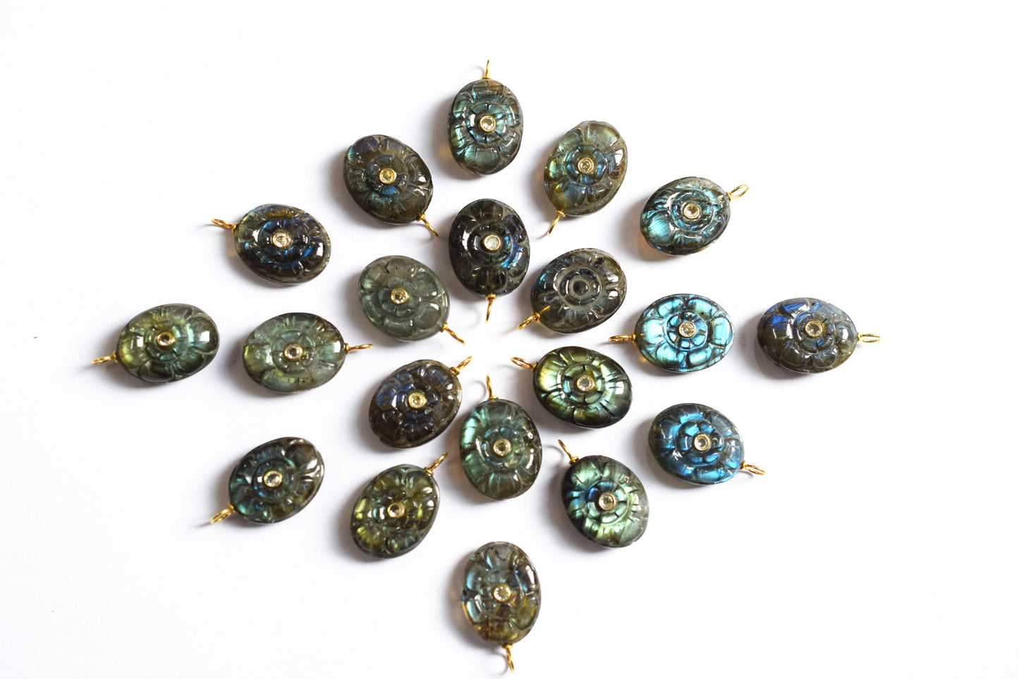 Natural Flashy Labradorite Oval Mughal Carved Shaped Inlay Charm Connector, Sold By Piece , 17x21 mm , 60012