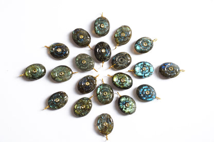 Natural Flashy Labradorite Oval Mughal Carved Shaped Inlay Charm Connector, Sold By Piece , 17x21 mm , 60012