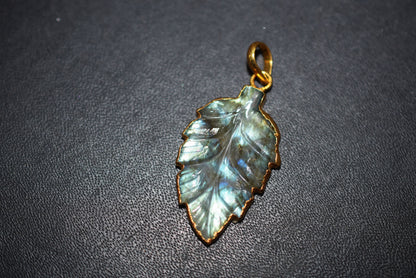 Labradorite Carved Leaf Electroplated Connector Charm, Sold By Piece ,21x33 mm ,60023