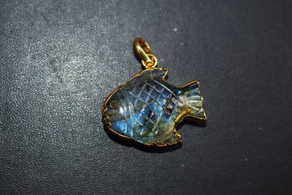 Flashy Labradorite Carved Fish Electroplated Connector Charm, Sold By Piece ,23x30 mm ,60025