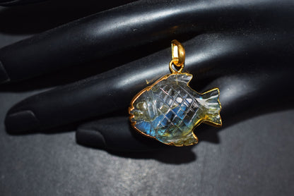 Flashy Labradorite Carved Fish Electroplated Connector Charm, Sold By Piece ,23x30 mm ,60025