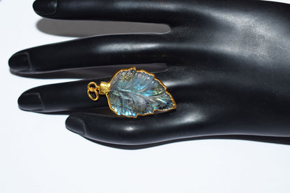 Labradorite Carved Leaf Electroplated Connector Charm, Sold By Piece ,21x33 mm ,60026
